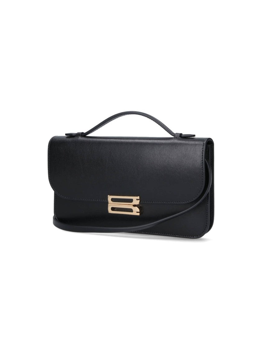 Victoria Beckham Rectangular Black Leather Handbag With Gold-Tone Logo