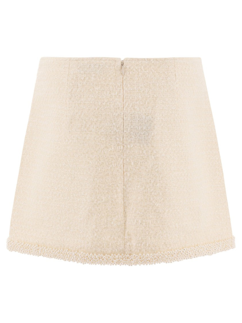 Self-Portrait Beige Textured Skirt With Pearl Embellishments
