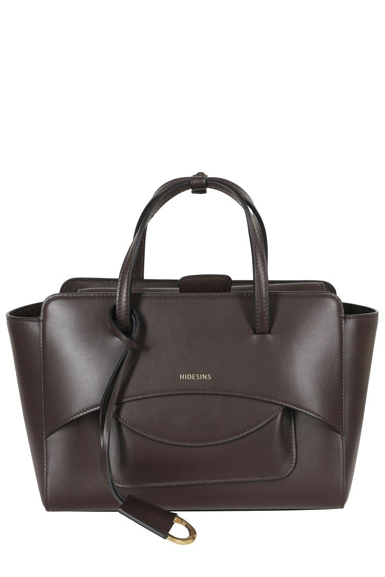 Hidesins Dark Brown Structured Flap M Gold Logo Leather Shoulder Bag