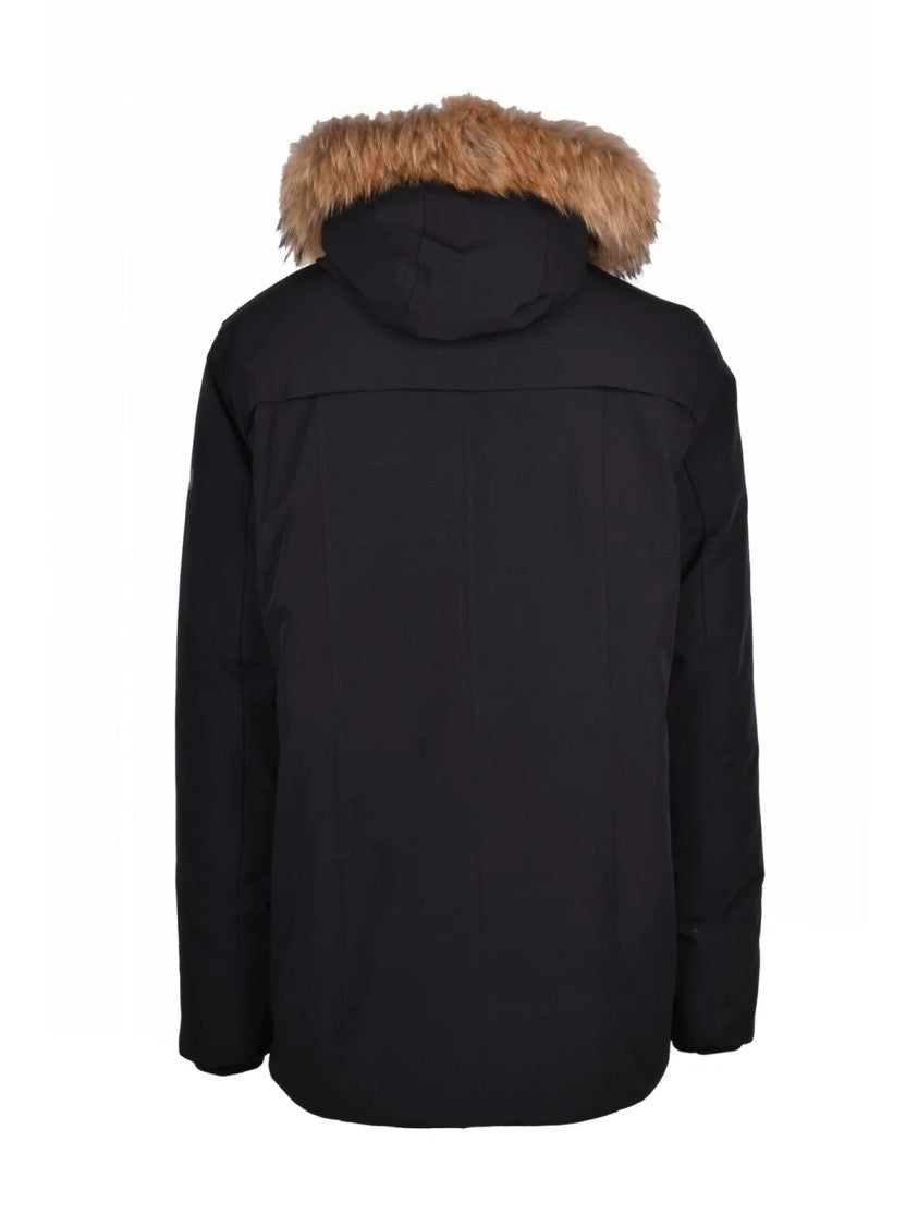 Yes Zee Black Fur-Trimmed Hood Stretch Nylon Down Jacket