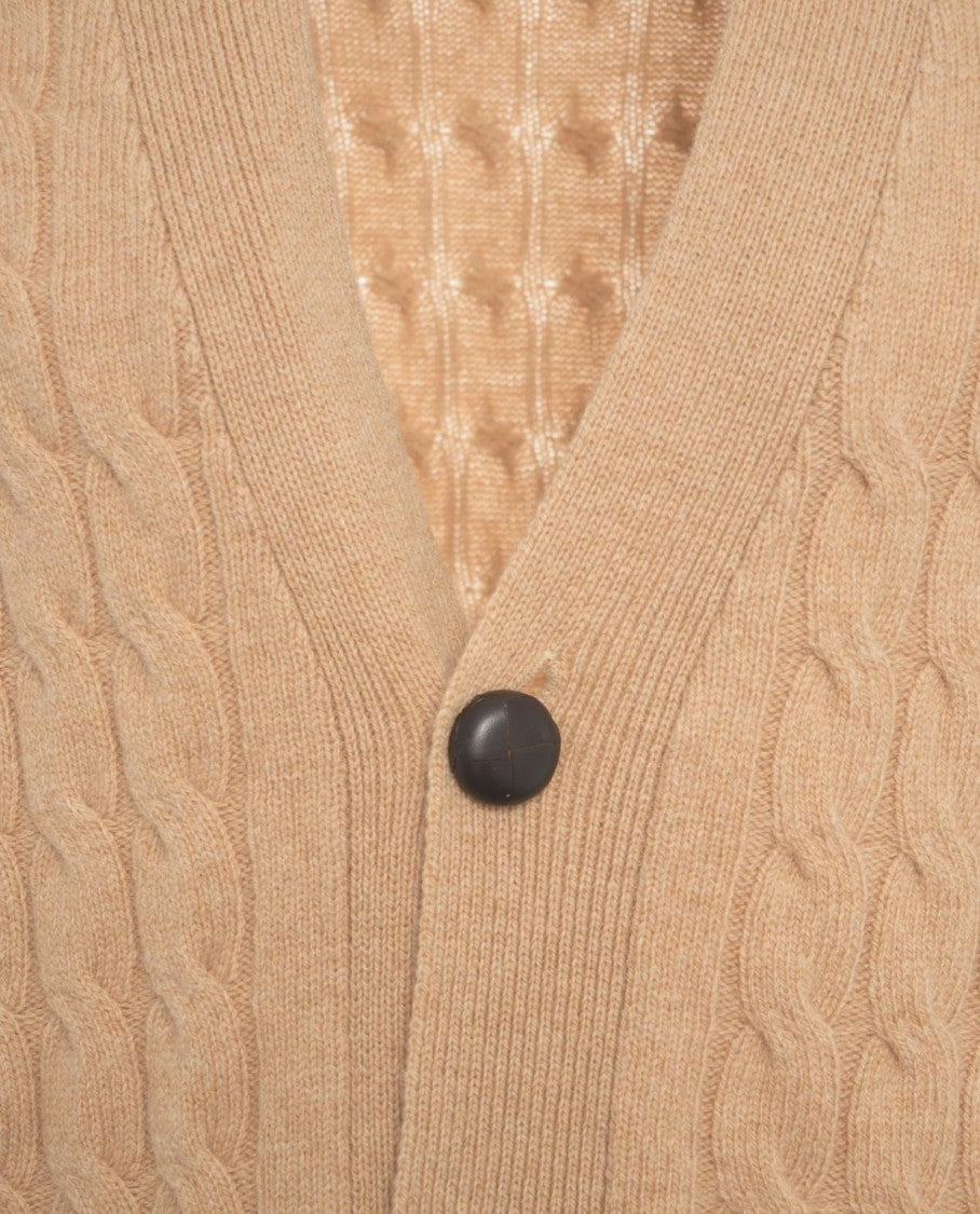 Amaranto Beige Cable Knit Cardigan With Deep V-Neck And Button Closure