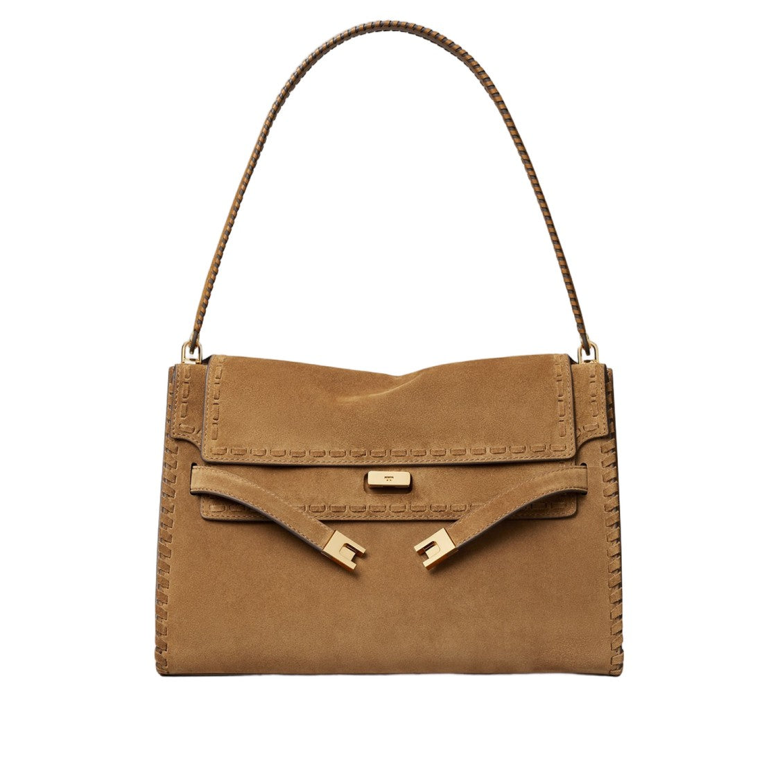 Tory Burch Structured Suede Leather Bag With Buckle Closure