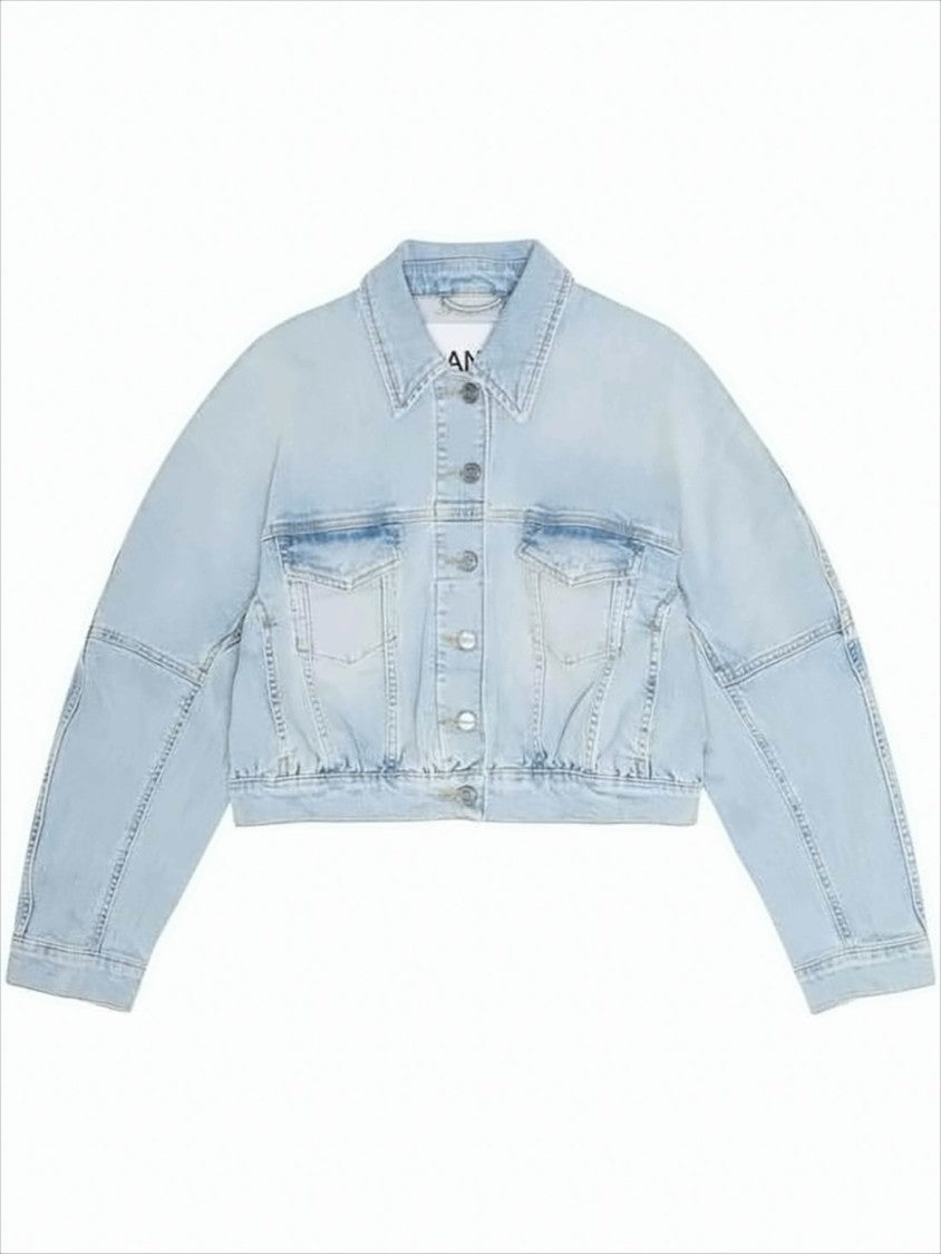 Ganni Light Wash Cropped Denim Jacket With Gathered Hem And Flap Pockets