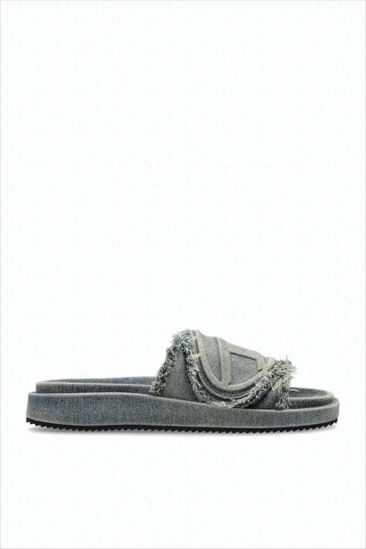 Diesel Distressed Denim Mule Slippers With Embossed Strap