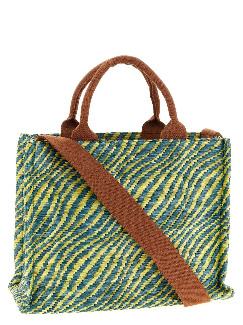 Marni Two-Tone Woven Raffia Handbag With Embroidered Logo