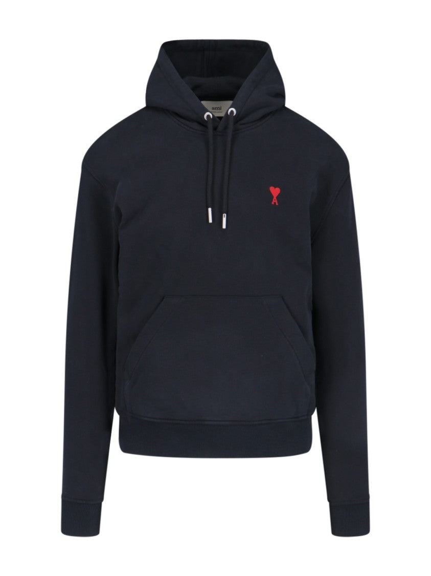 Ami Cotton Hoodie With Drawstring Hood And Red Logo Embroidery