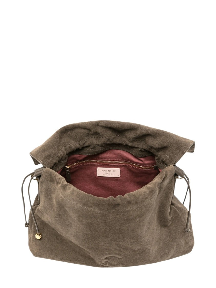Coccinelle Suede Leather Drawstring Shoulder Bag With Gold-Tone Accents