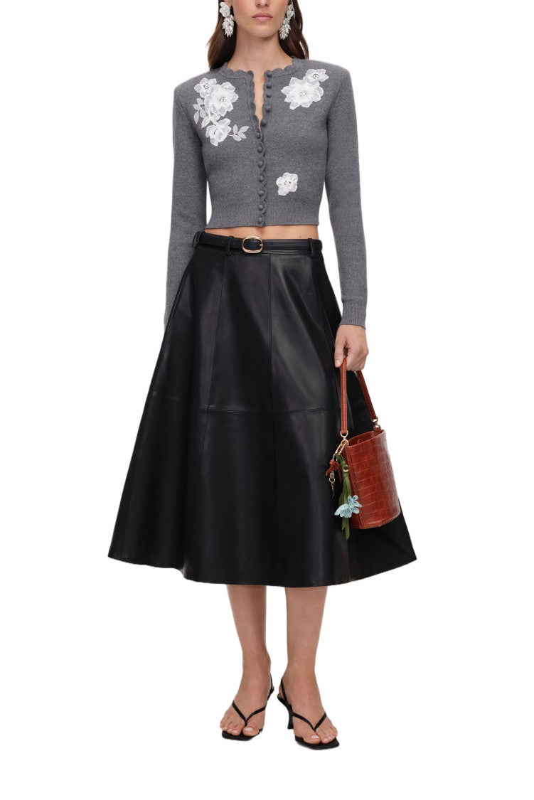 Self-Portrait Cropped Fitted Sweater With Scalloped Neckline And Floral Appliqués