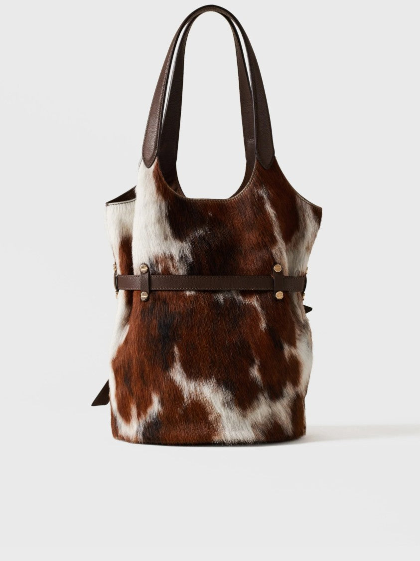 Borbonese Bucket Handbag With Textured Cowhide Pattern And Gold-Tone Accents