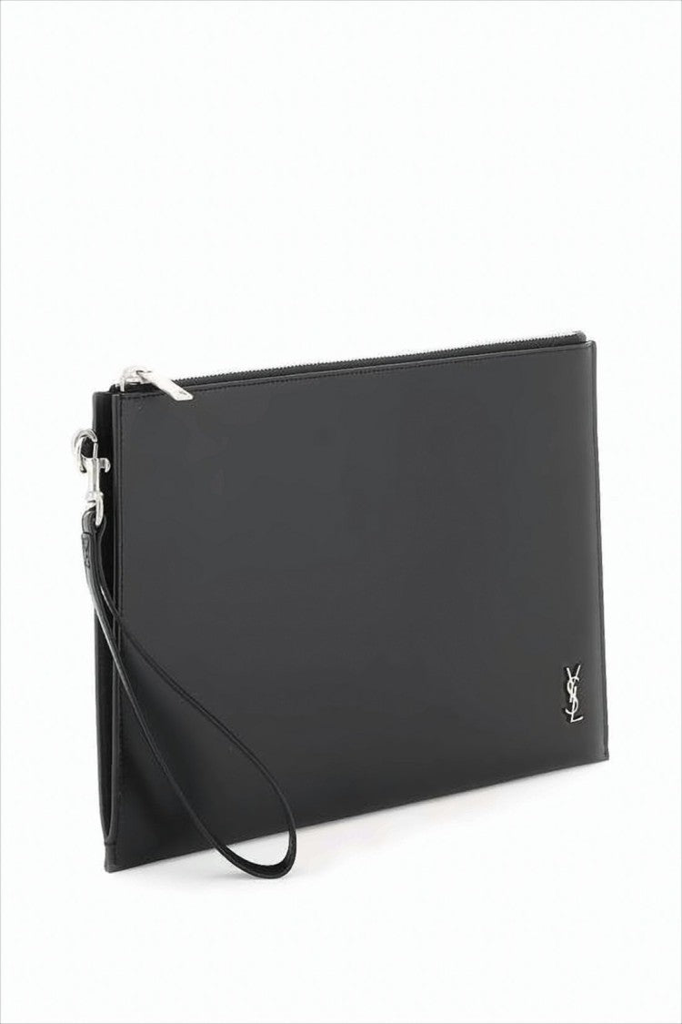 Saint Laurent Rectangular Black Leather Clutch With Wrist Strap