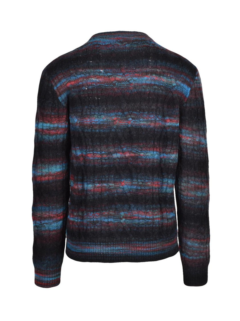 Roberto Collina Black/Blue Cable Knit Wool-Blend Crewneck Sweater