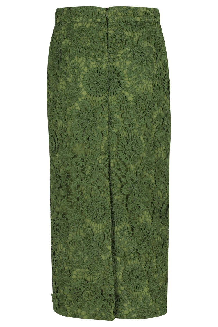 Essentiel Antwerp Green Jourget Lace Rhinestone Slit Polyester Midi Skirt