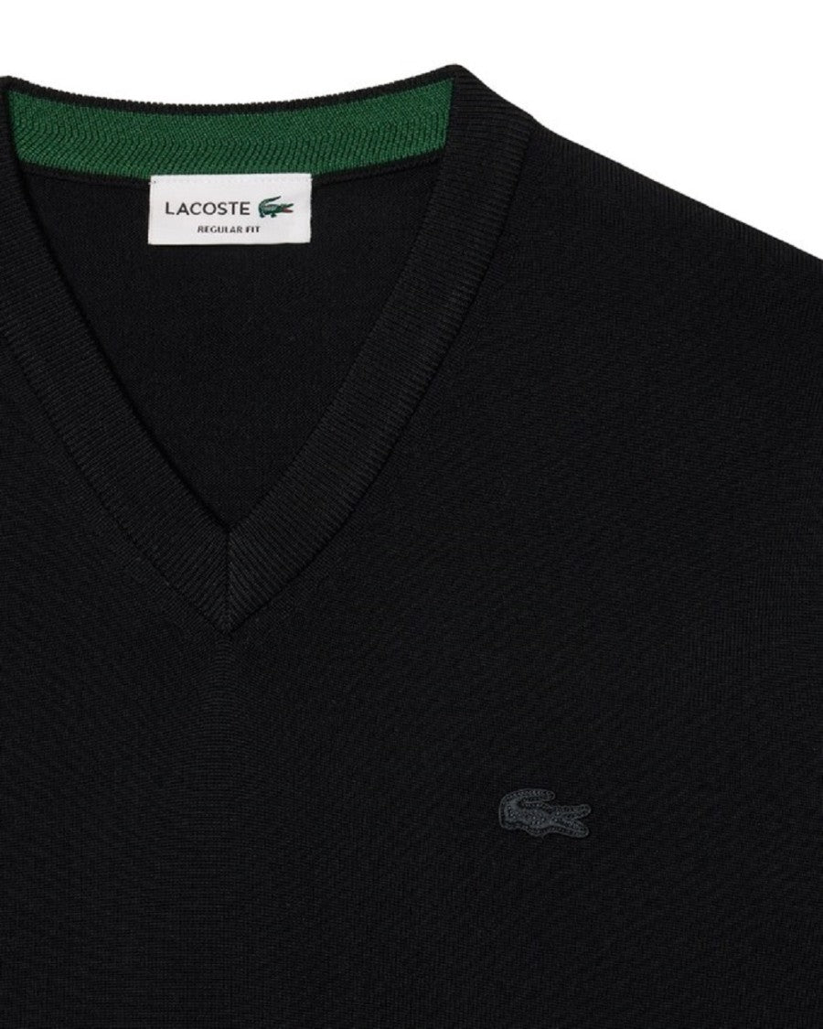 Lacoste Merino Wool Pullover With Ribbed V-Neck And Embroidered Detail