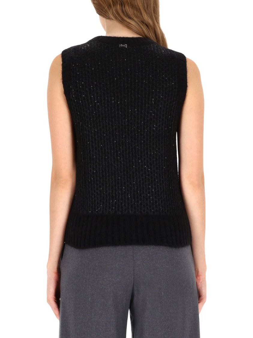 Herno Ribbed Knit Black Vest With Round Neckline