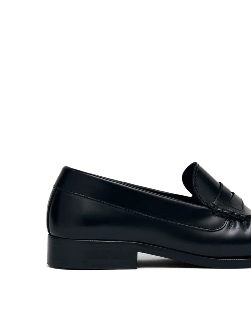 Alohas Penny Strap Black Leather Loafers With Moccasin Stitching