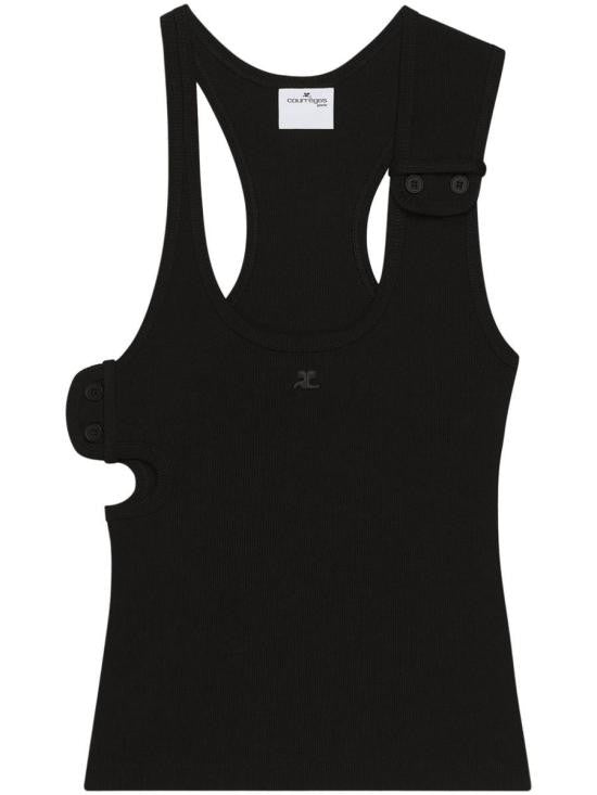 Courrèges Black Ribbed Tank Top With Buttoned Straps