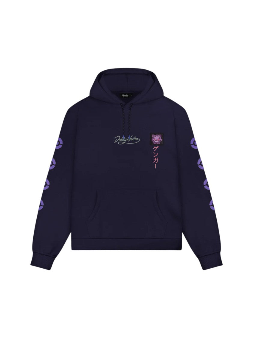Dolly Noire Deep Navy Hoodie With Purple Graphic Accents And Kangaroo Pocket