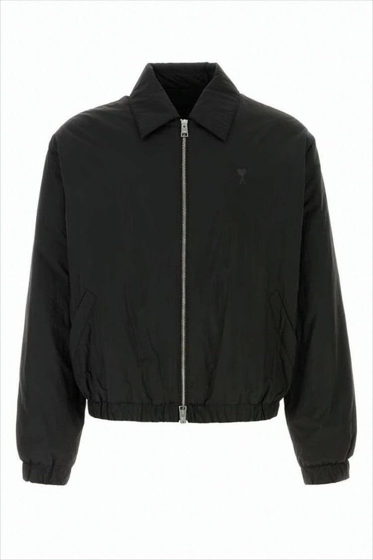 Ami Paris Cropped Matte Black Bomber Jacket With Classic Collar