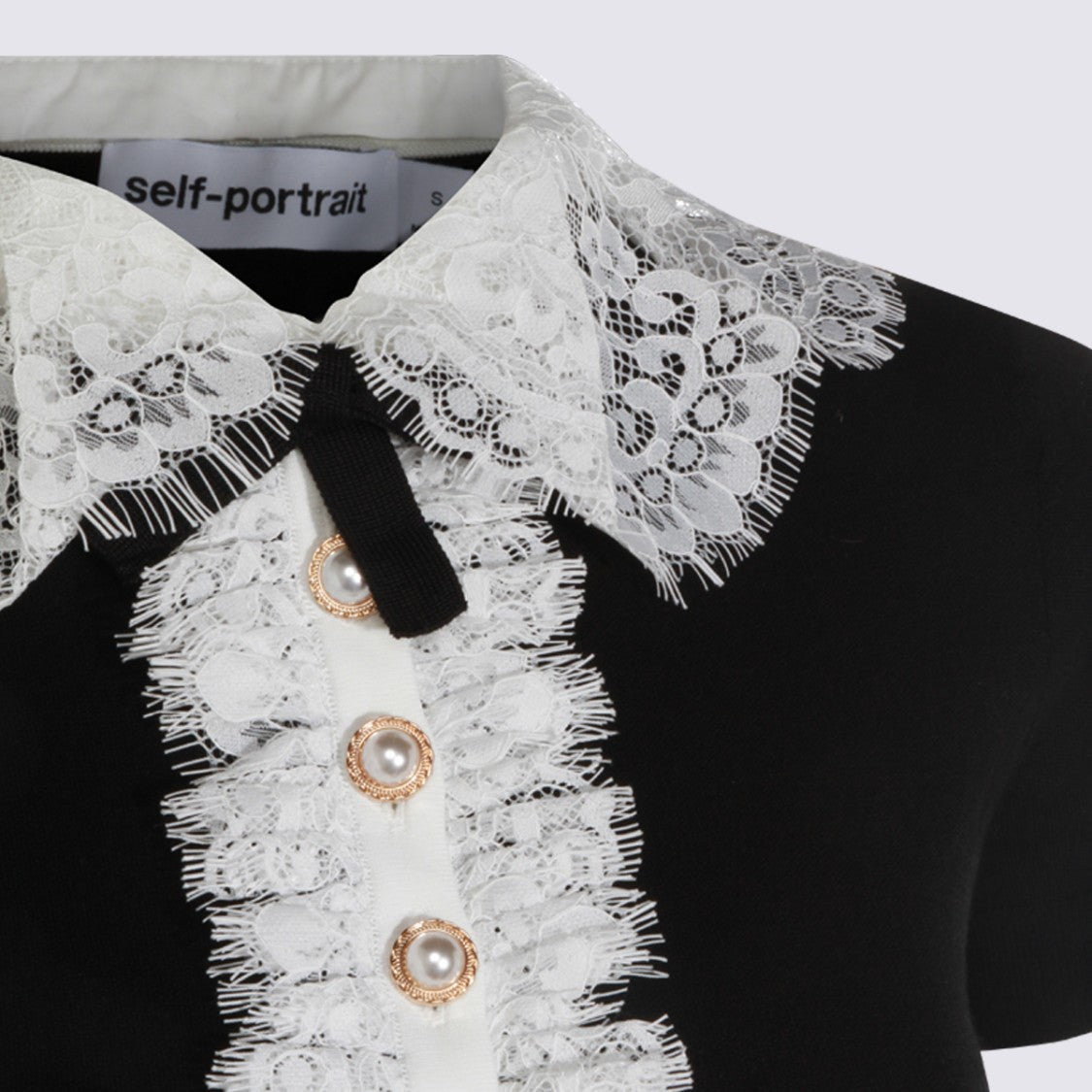 Self-Portrait Fitted Short-Sleeve Sweater With Lace Collar And Pearl Accents
