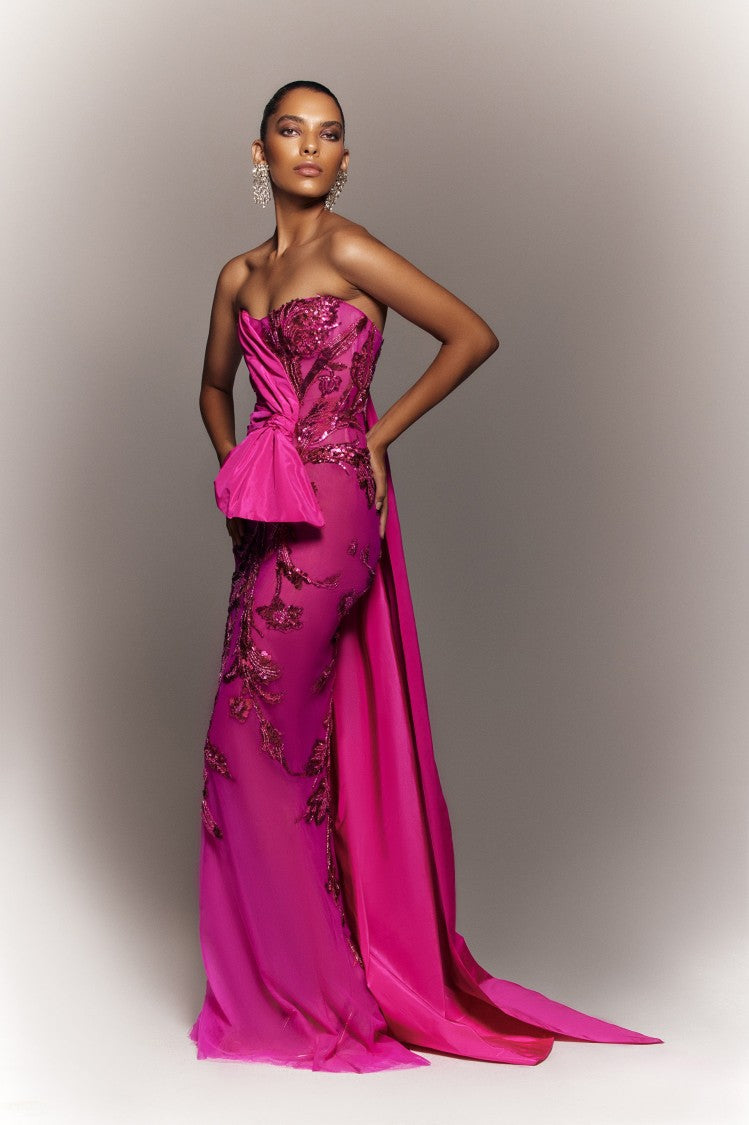 Saiid Kobeisy Tulle Strapless, Beaded Dress With A Taffeta Draping And Tail