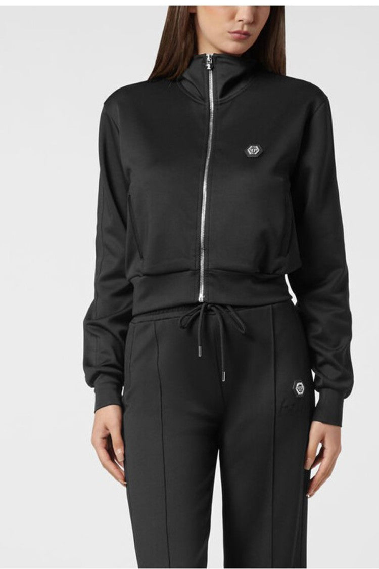 Philipp Plein Black Viscose-Polyester Cropped Track Jacket