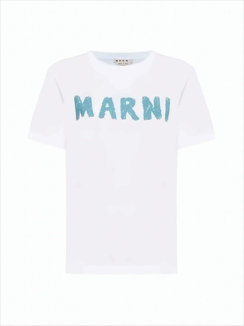 Marni Short-Sleeved Crew Neck T-Shirt With Textured Blue Lettering