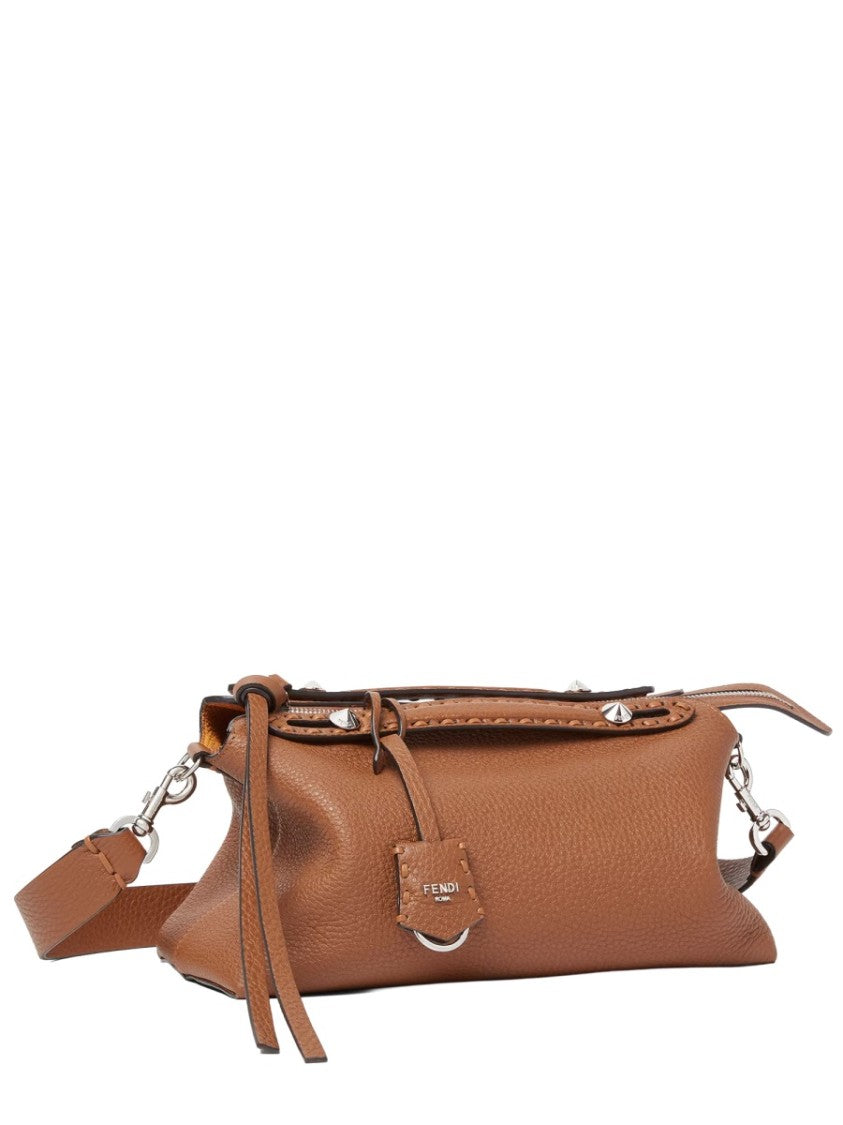 Fendi Structured Brown Leather Bag With Adjustable Strap And Silver Accents