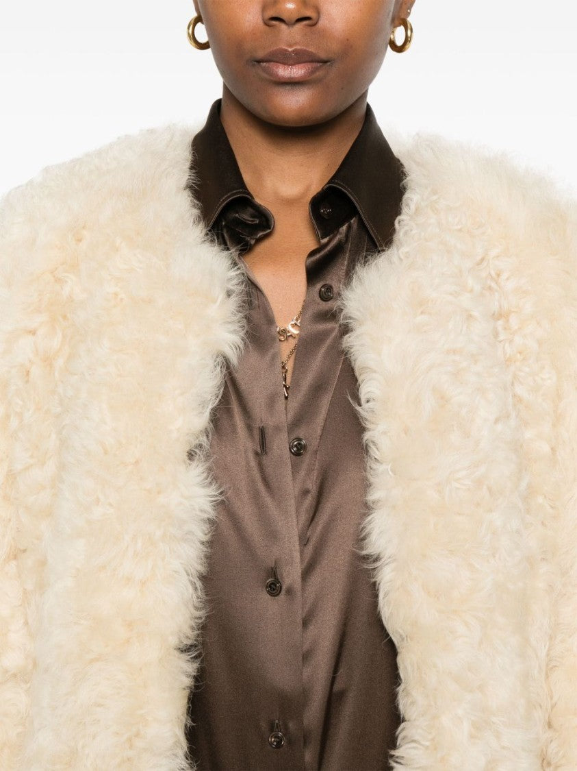Tom Ford Collarless White Shearling Coat With Textured Surface