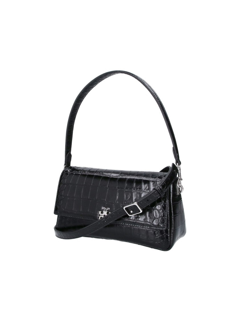 Tory Burch Crocodile-Embossed Black Leather Charlie Shoulder Bag
