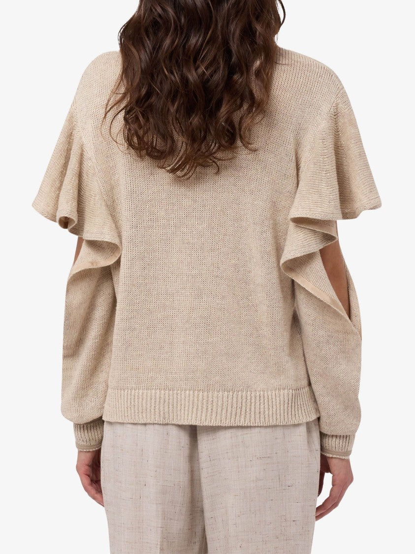 Moschino Ruffled Cut-Out Sleeve Knitted Linen Blend Top