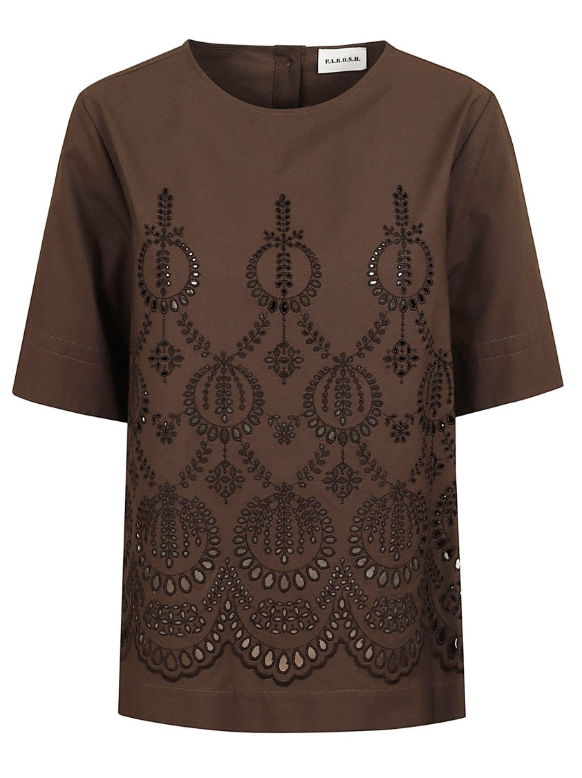 Parosh Brown Cotton Poplin Top With Embroidered Detail