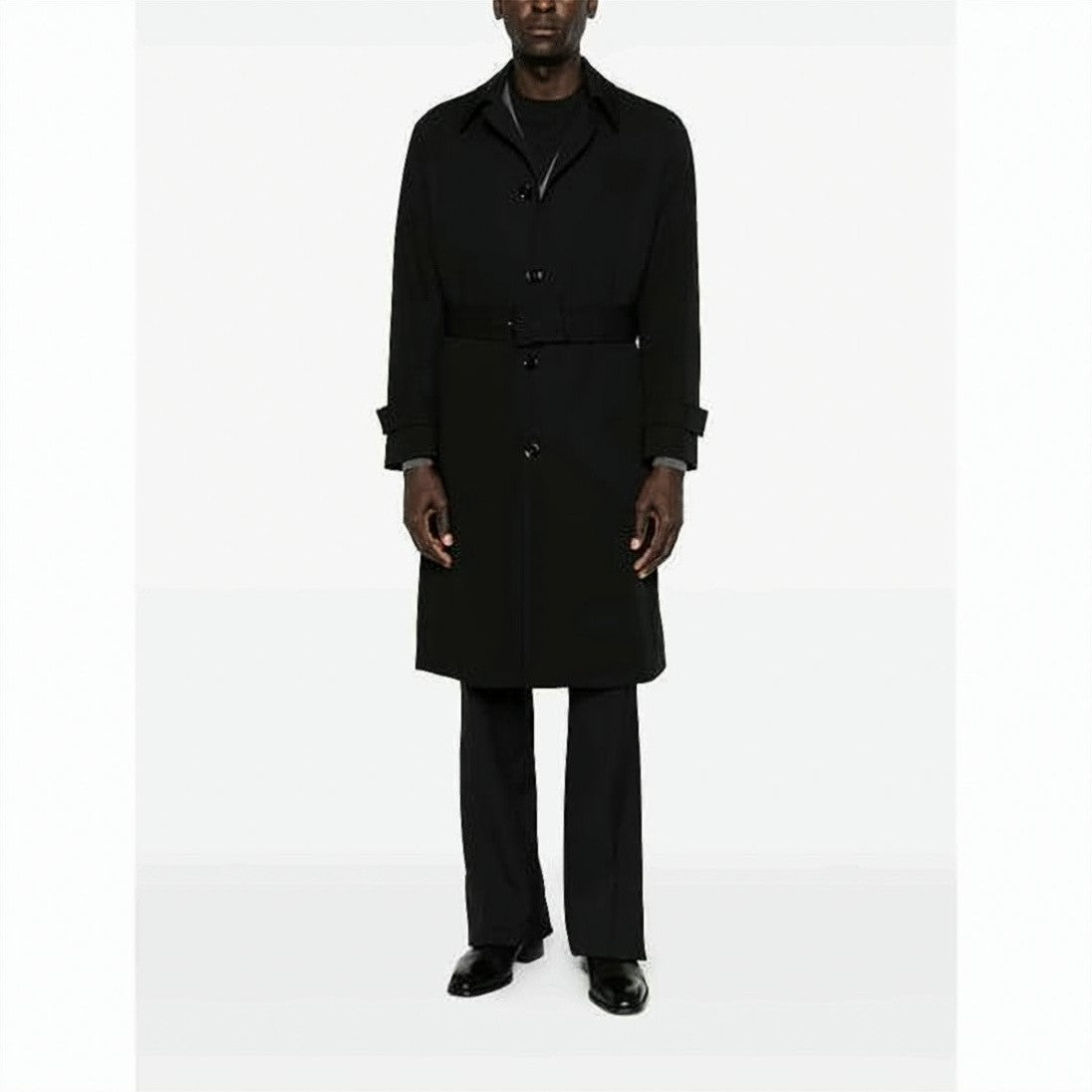 Lardini Long Black Wool Coat With Classic Collar