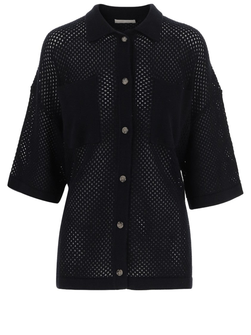 Allude Navy Geometric Openwork Wool-Blend Cardigan