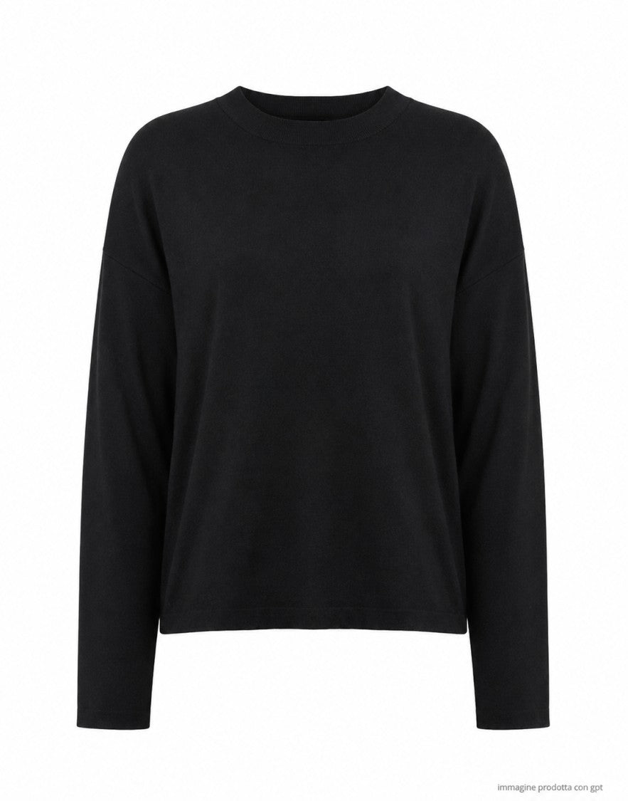 Aragona Black Round-Neck Cotton Knit Top