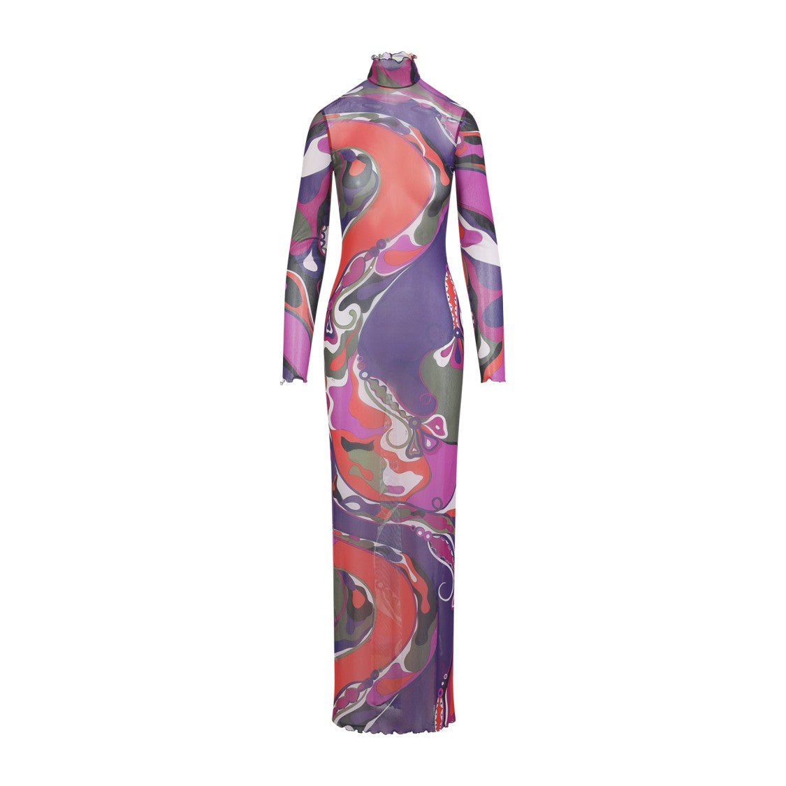Pucci Abstract Pattern Maxi Dress With High Neckline And Lettuce-Edge Trim
