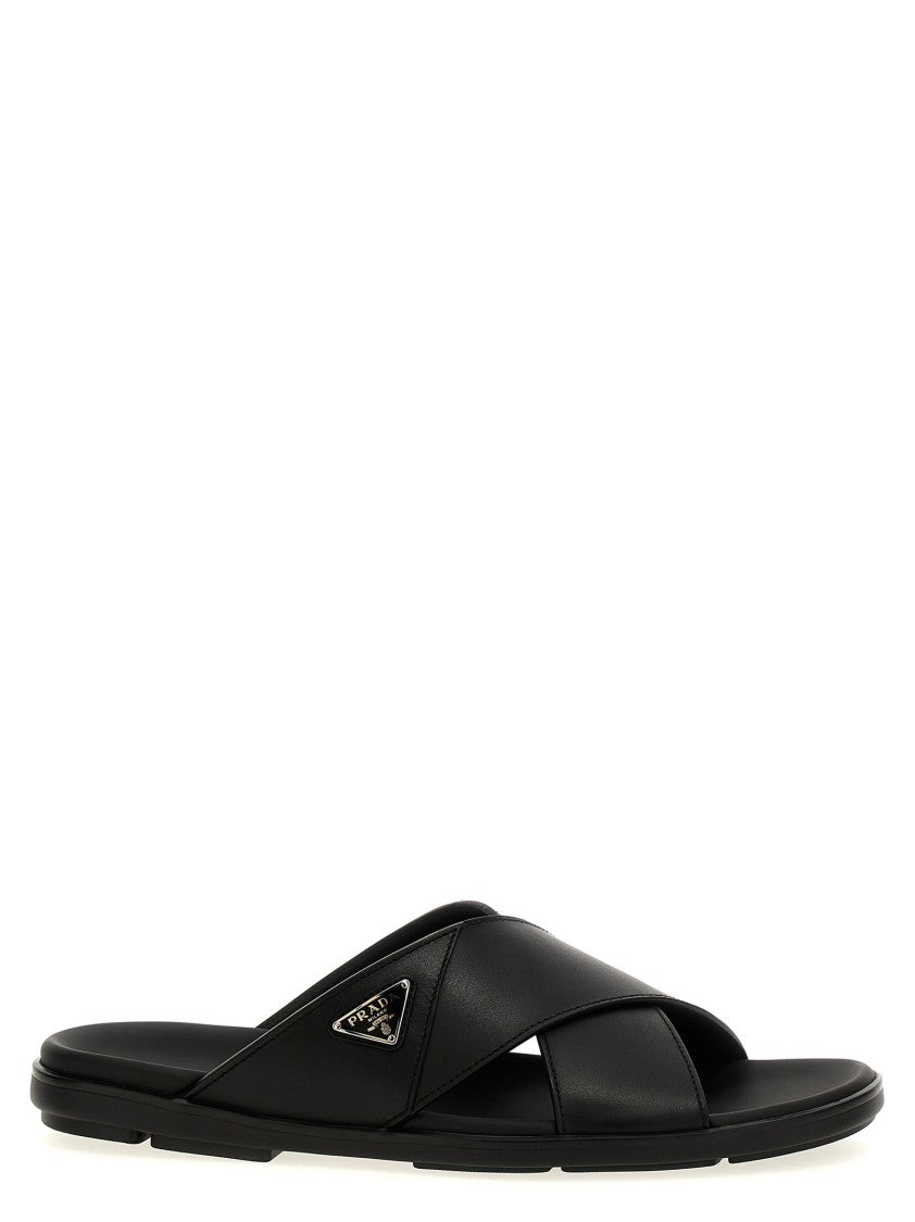 Prada Black Leather Sandals With Triangle Enameled Logo