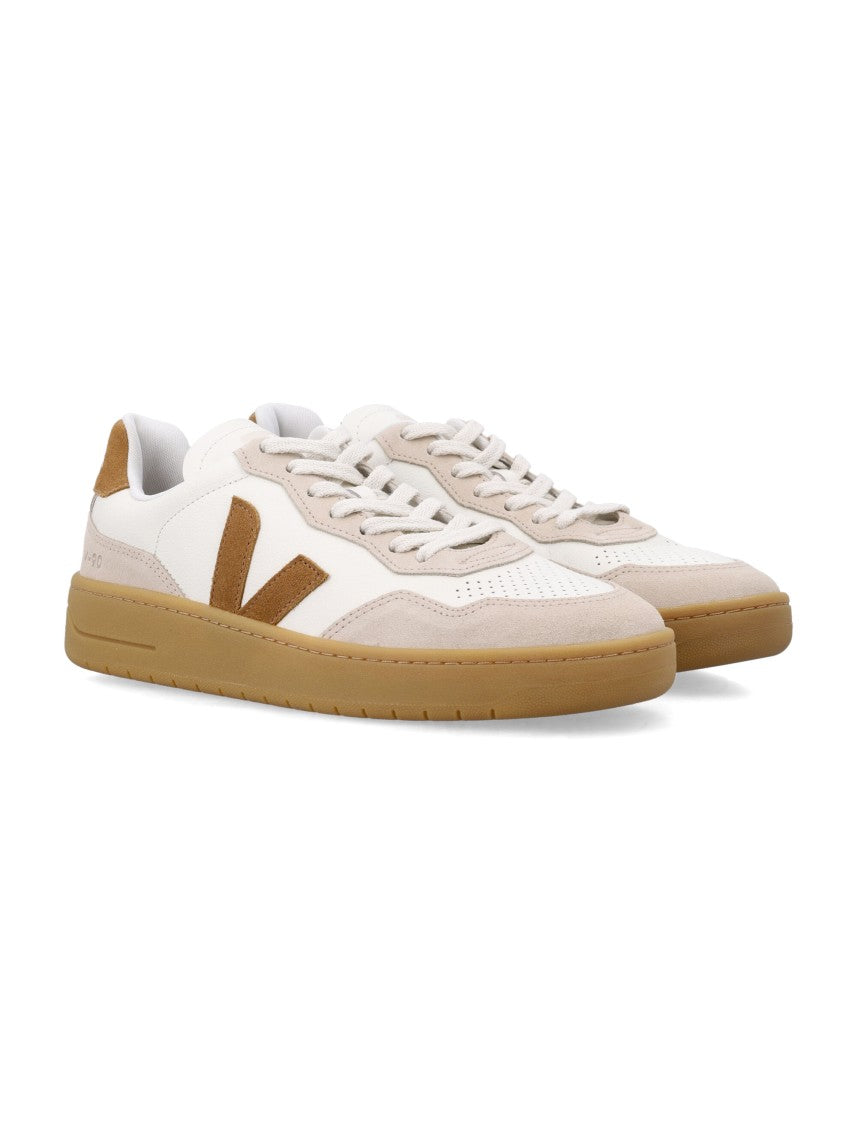 Veja V-90 White And Camel Leather Sneakers