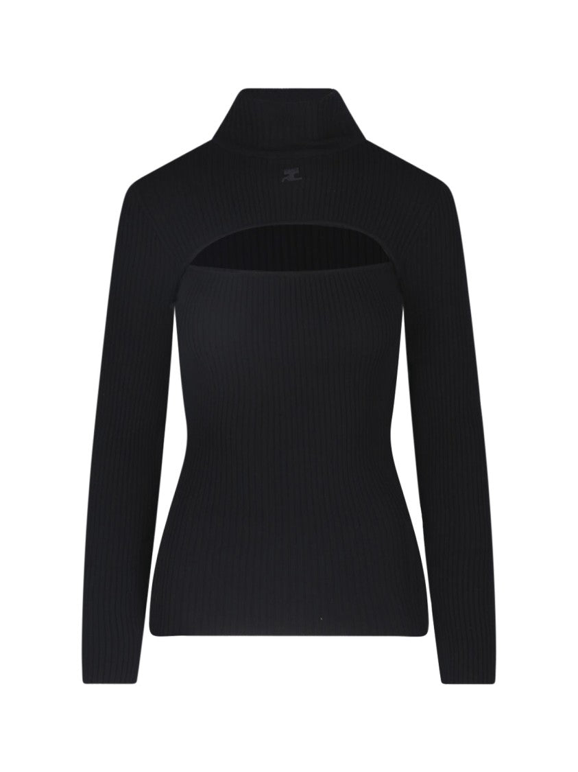 Courrèges Black Cut-Out High Collar Ribbed Viscose Knit Sweater