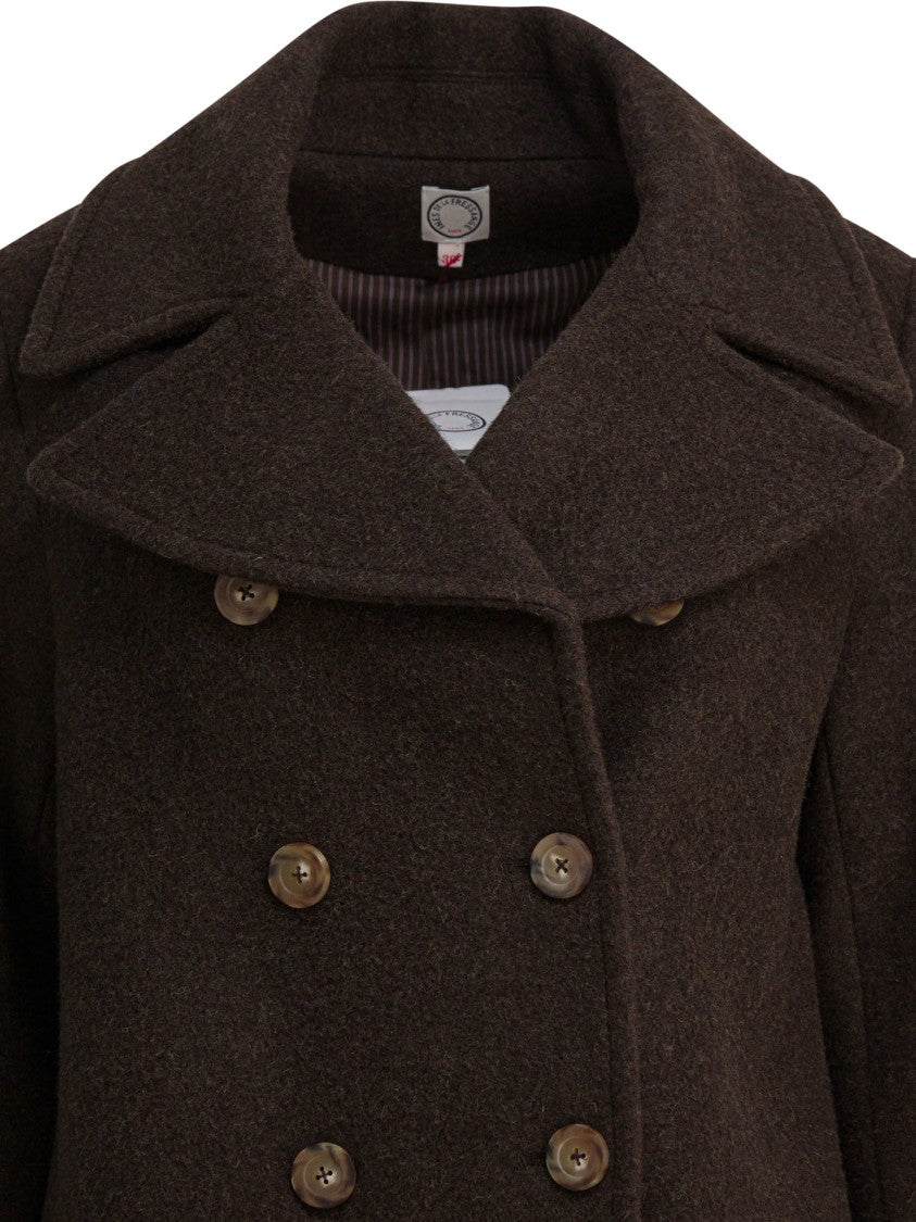 Ines De La Fressange Double-Breasted Brown Wool Blend Coat
