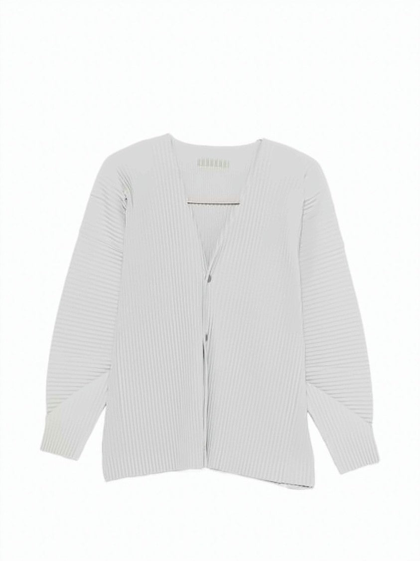 Homme Plissé Issey Miyake Finely Pleated White Cardigan With V-Neckline