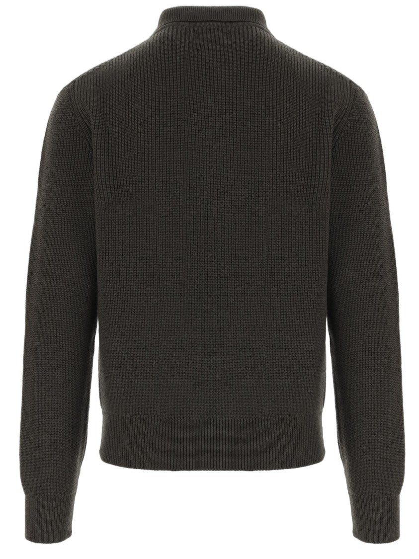 Woolrich Dark Green Full-Zip Ribbed Knit Wool Sweater