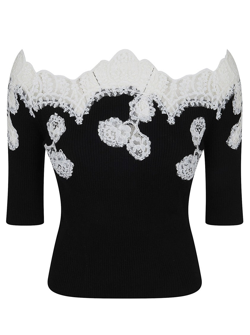 Ermanno Scervino Off-Shoulder Black Sweater With Lace Floral Appliqués
