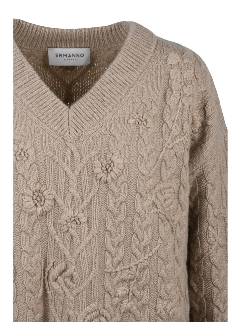 Ermanno Firenze V-Neck Cashmere-Wool Sweater With Floral Embroidery