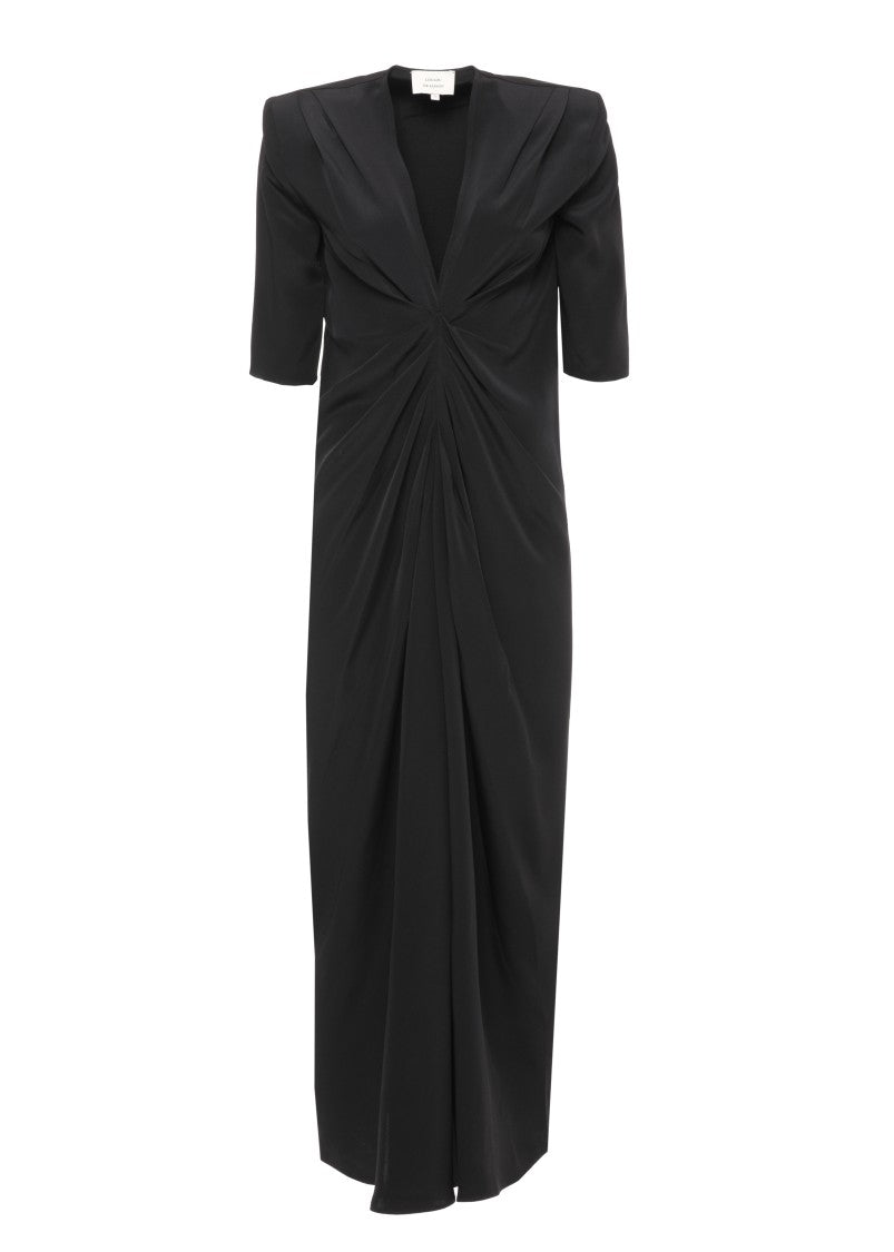 Loulou De Saison Black Padded Shoulders Front Slit Silk Maxi Dress