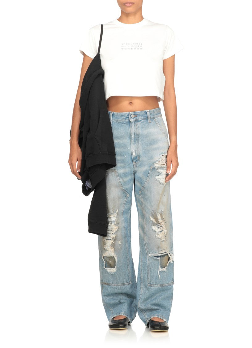 Mm6 By Maison Margiela Cropped White T-Shirt With Contrasting Numeric Logo