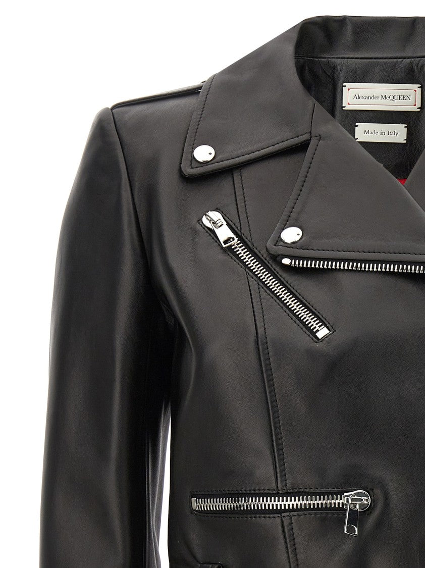 Mcqueen Cropped Leather Jacket With Off-Center Zip Closure