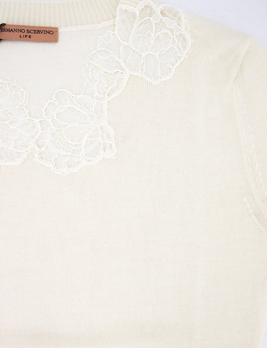 Ermanno Scervino Floral Lace-Embellished Crew-Neck Sweater