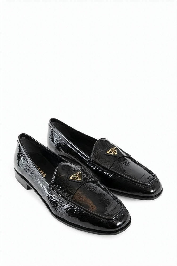Prada Glossy Lambskin Leather Loafers With Triangular Logo