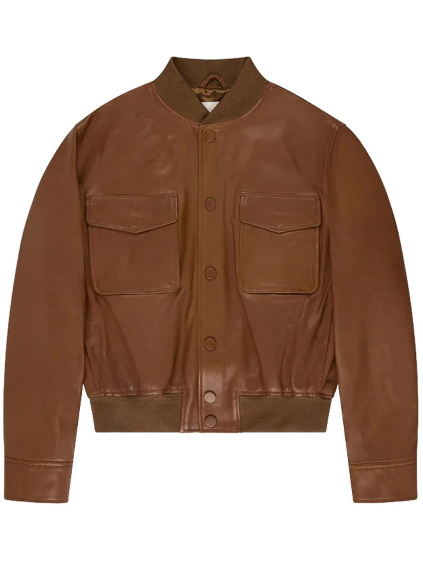 Montedoro Brown Cropped Smooth Leather Bomber Jacket