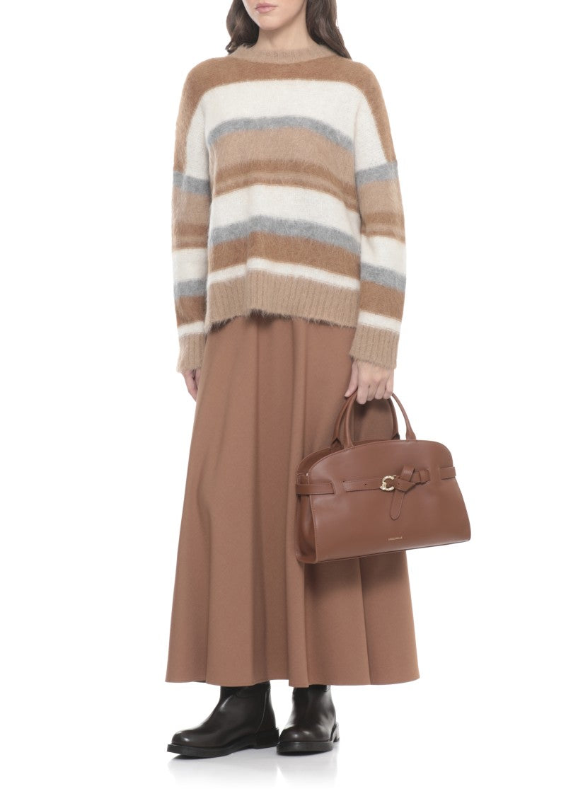Coccinelle Structured Shoulder Bag In Smooth Brown Leather With Golden Accents